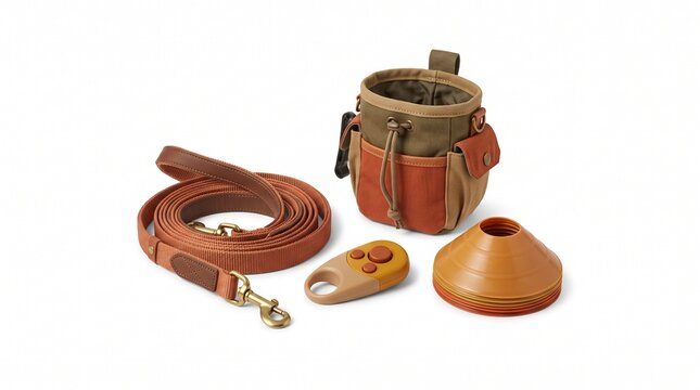 Dog training equipment set with leather leash, treat pouch, clicker and agility cone.