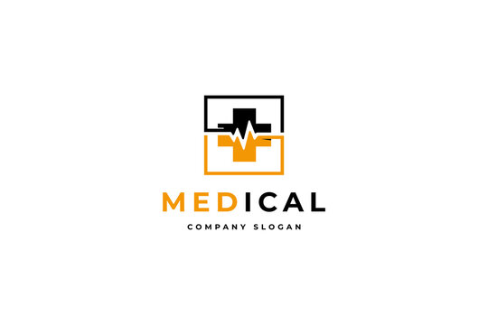 Medical logo design template featuring a healthcare cross symbol and heartbeat pulse line vector graphic illustration for clinic branding identity and corporate business identity