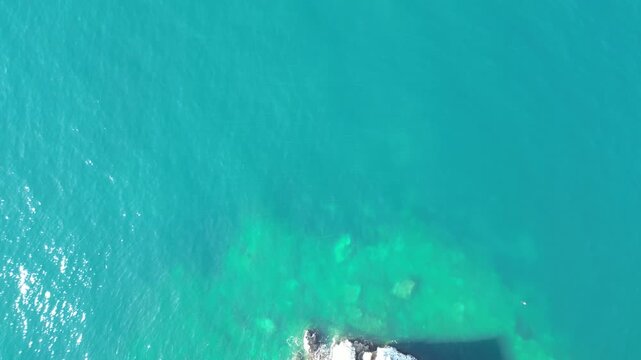 The drone flies around the beautiful island of Sveti Stefan. Montenegro