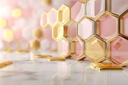 Luxury pink and gold hexagon tiles on white marble surface, 3D render with bokeh background, elegant geometric pattern for interior design, cosmetics packaging mockup, beauty product display