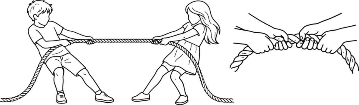 Vector set of children playing tug of war pulling thick rope and detailed close up of hands gripping