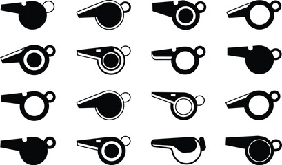 Set of whistle icons, sports and refereeing symbols isolated on white background for competitions, officials, coaching, games, tournaments, and vector design.  © MdRafiqul