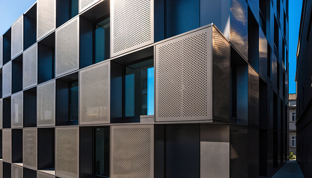 Modern building facade with geometric metal panels and architectural pattern design