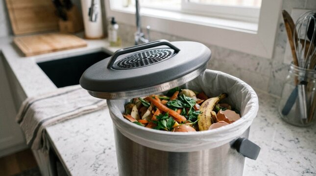 Kitchen Countertop Compost Bin with Food Scraps.