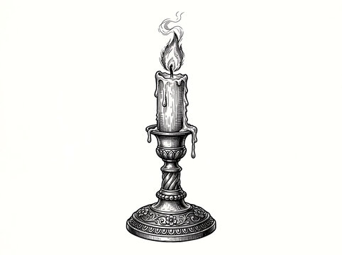 Vintage Burning Candle on Ornate Candlestick Holder Pencil Sketch Isolated on White Background