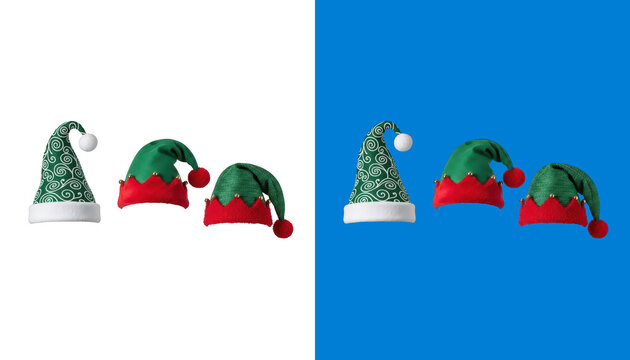 Three decorative holiday festive elf hats isolated on transparent background