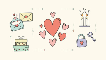 Naklejka premium Sweet romantic vector illustration collection featuring hearts love letters and candlelit decorative items.