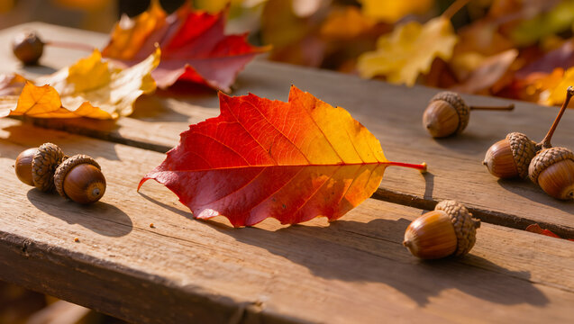 Autumn Leaves and Acorns on Wooden Table