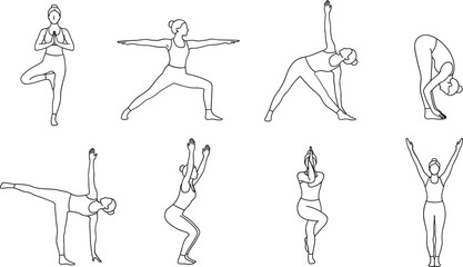 Naklejka premium Women practicing yoga poses set with stretching flexibility exercise and healthy lifestyle silhouettes line art vector illustration