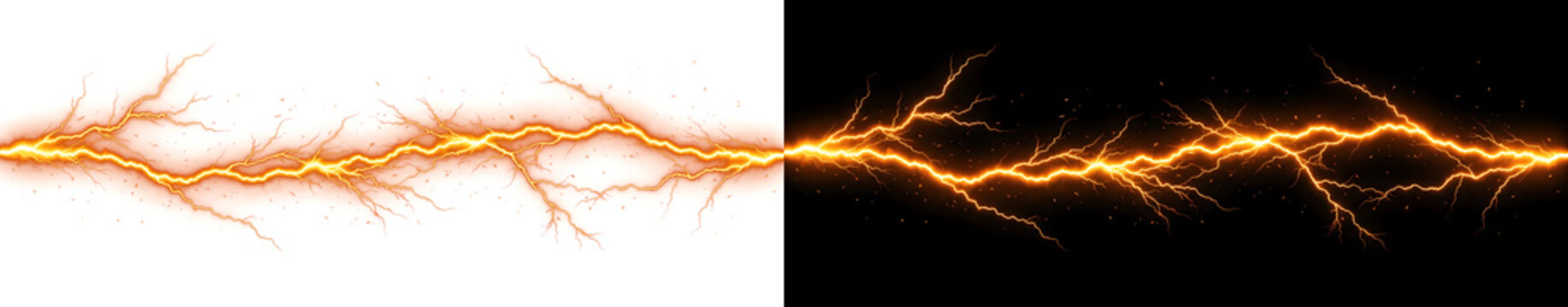 Electric lightning current stretching horizontally with branching sparks great for storm themed design in PNG, Transparent and Black Background Versions