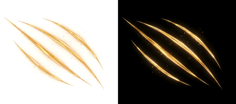 Golden claw scratch marks slashing sharply with glowing streaks great for gaming and action design in PNG, Transparent and Black Background Versions