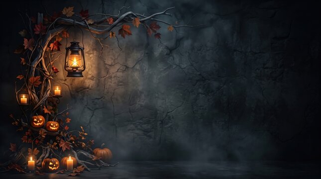 A vintage lantern and glowing jack-o-lanterns adorn decorative branches and autumn leaves, creating a spooky, dark halloween interior wall background with floor and copy space