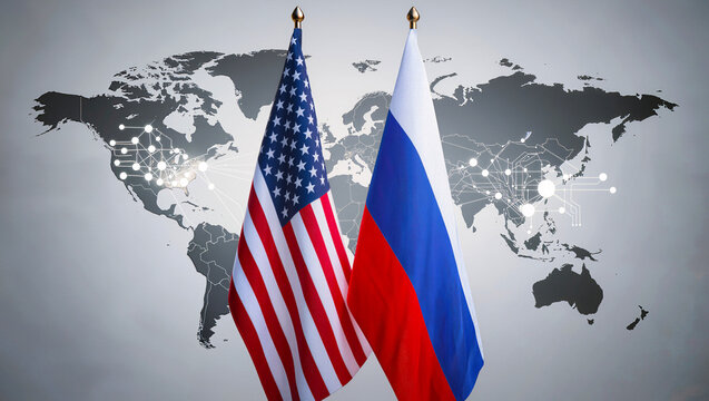 US and Russian Flags in Front of Global Network Map