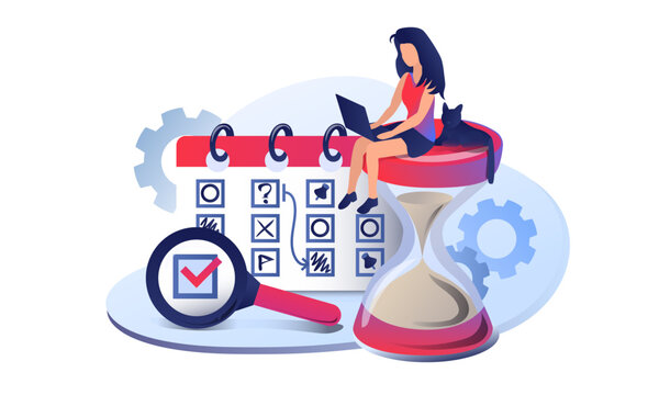 Time management and schedule planning vector illustration, woman working on laptop sitting on hourglass with calendar background isolated on white background. Flat vector illustration for task managem