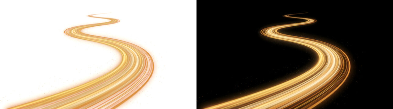 Golden light speed trail winds in a curved flowing path suited for PNG, Transparent and Black Background Versions in design