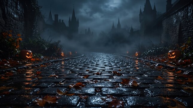 A dark and eerie halloween night scene featuring a wet cobblestone path leading towards a mysterious, fog-shrouded medieval castle, illuminated by glowing jack-o-lanterns.