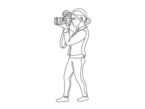 Female Photographer Holding Camera Line Art Vector Illustration Isolated on White Background