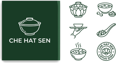 Set of lotus seed sweet soup icons, traditional vietnamese dessert, minimal line art style, food and beverage collection for menu or branding design © rosni07
