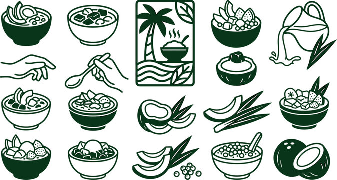Set of icons featuring indonesian traditional dessert es campur or bubur cha cha with coconut, fruits, and palm sugar, vector illustration