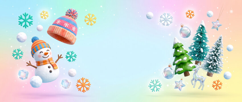 Winter backgrounds for banner social media cover header design with 3d render christmas winter background cute snowman , trees deer decorations snowflakes snowballs on pastel rainbow backdrop