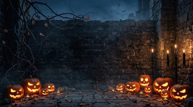 A spooky halloween interior wall background with a dark stone floor and copy space is lit by glowing jack o lanterns and flickering candles.
