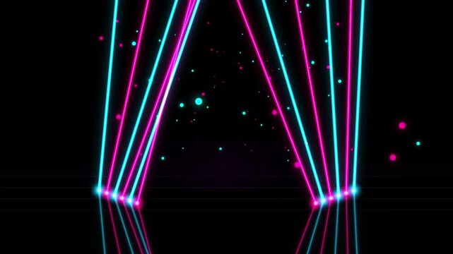Neon light tunnel with sparkling particles and vibrant beams