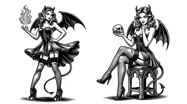Fantasy devil woman shown in two poses, depicted as a fictional character in a detailed black-and-white scratchboard engraving style.