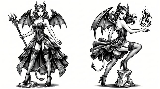 Fantasy devil woman shown in two poses, depicted as a fictional character in a detailed black-and-white scratchboard engraving style.