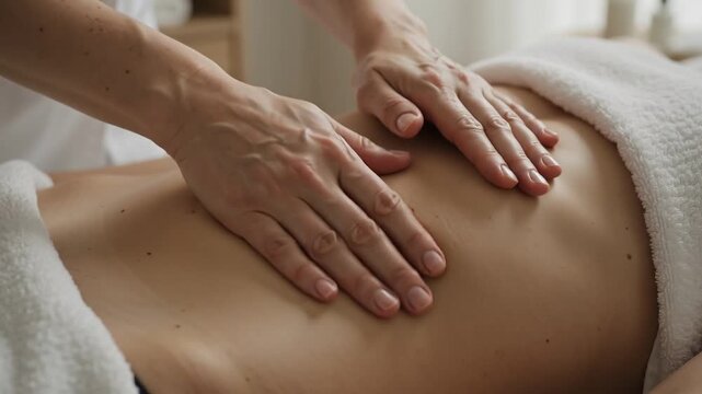 Hands perform a lymphatic drainage massage on a person's abdomen during a spa treatment, showing gentle manual bodywork for wellness, body care, relaxation, recovery, and beauty service concepts