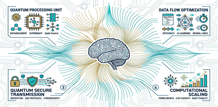 Quantum computing technology banner with digital brain circuit and data processing infographic element vector