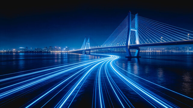 A modern cable-stayed bridge at night, with glowing light trails over water, symbolizing digital connectivity and urban transportation.