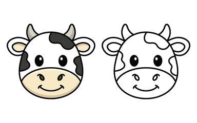 Obraz premium Cute cartoon cow head vector illustration featuring colored and black and white outline versions