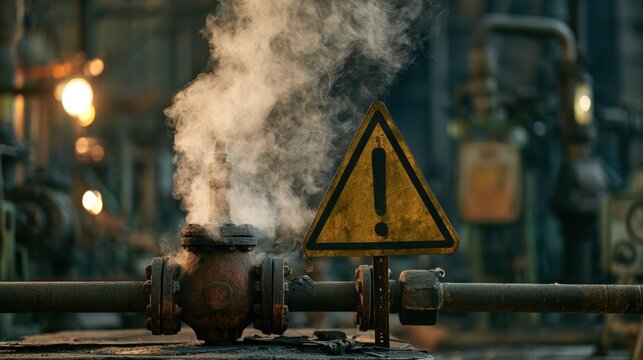 Industrial Warning Sign with Pump Discharging Steam in Manufacturing Facility, Safety Alert for Potential Hazards and Equipment Issues in Workplace Environment