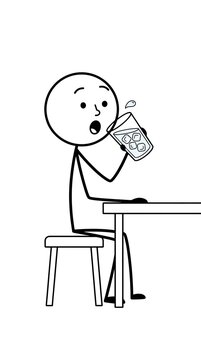 A stickman cartoon sitting on a chair and posing while drinking.