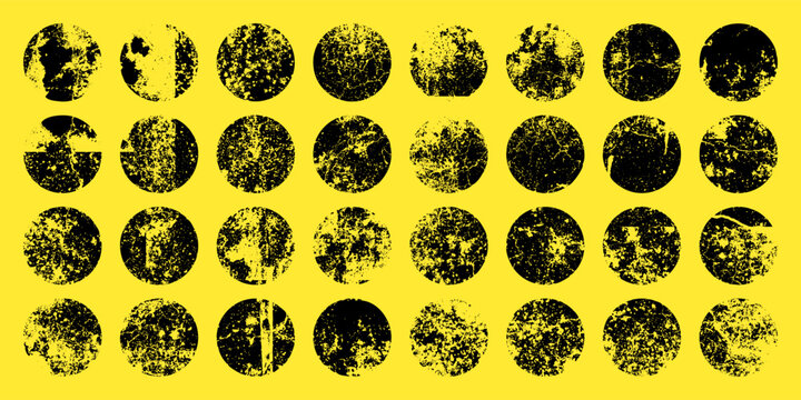 Various grunge circles with stains and scratches. Circle brush stroke, round shape design element. Distressed dirty text frame, border, sticker or label. Paintbrush, ink stains. Vector illustration