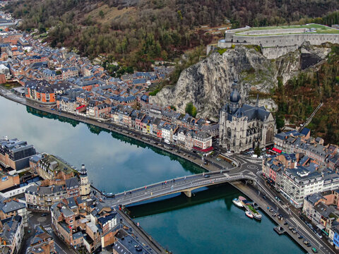 Dinant town cityscape aerial along meuse river