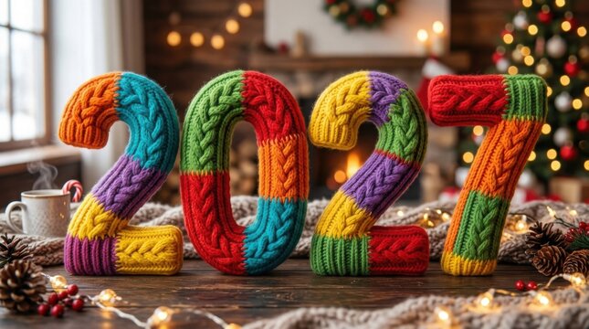 Colorful knitted 2027 numbers on a cozy festive holiday table