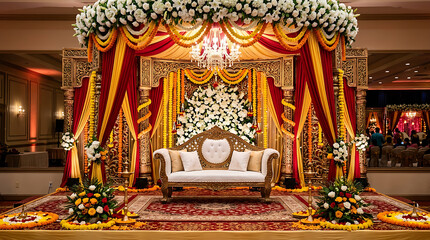 Fototapeta premium Ornate Wedding Stage with Floral Decorations and Sofa 1.