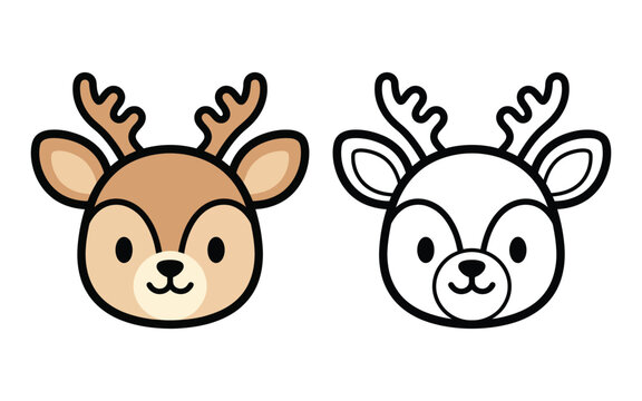 Cute deer head vector illustration in color and outline style for kids coloring book page with coloring
