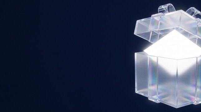 Glowing glass gift box opening with iridescent highlights for digital rewards and premium surprise design.