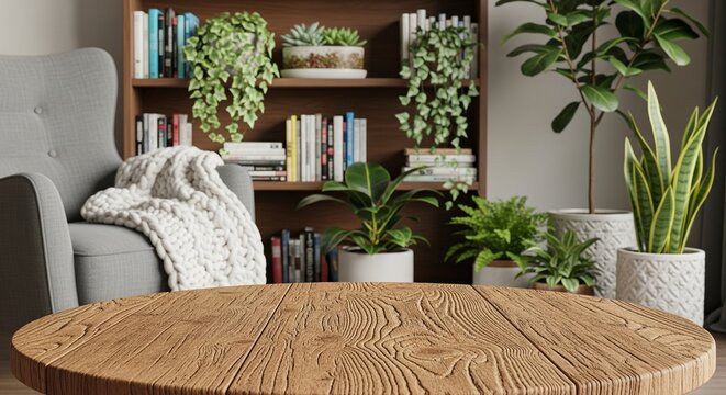 Round wooden table foreground in a cozy home library with bookshelf, houseplants, and grey armchair for lifestyle mockups