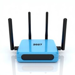 Fototapeta premium Modern blue wireless router 2027 with four antennas isolated on white background for fast internet connection and future home networking technology
