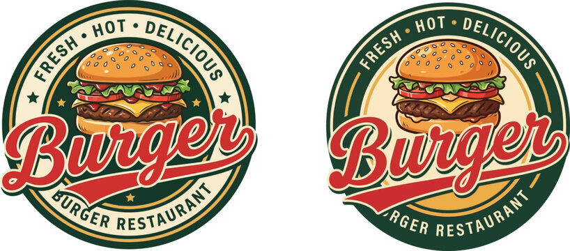 Fresh hot delicious burger restaurant vector logo badge design