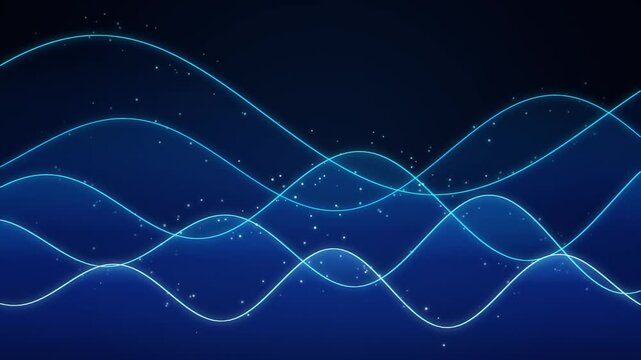 Blue neon wave lines undulating with glowing particles on a dark background, abstract digital audio signal and futuristic technology visualization