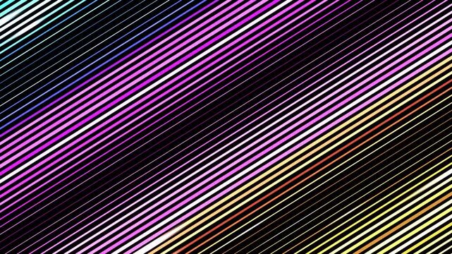 Abstract neon diagonal lines moving across a dark background with vibrant magenta, yellow, and blue glowing light streaks in a seamless loop