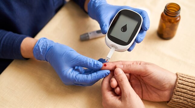 Medical professional performing a blood glucose test on a patient finger to monitor diabetes levels for health management and diagnostic care