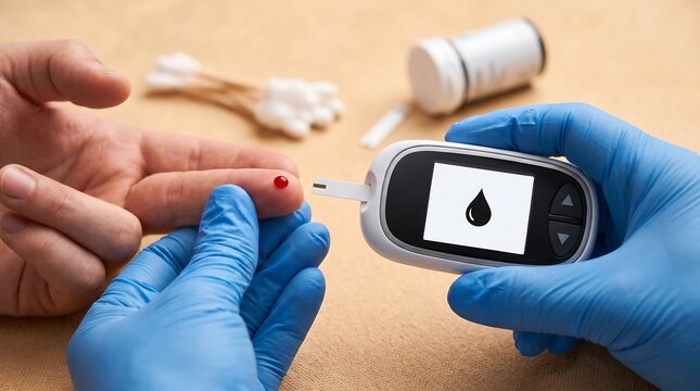 Doctor measuring blood sugar level of patient with diabetes using glucometer, checking glucose