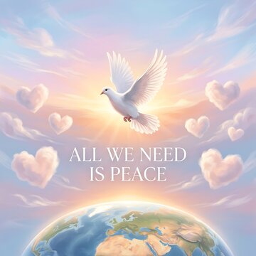 A beautiful illustration of a white dove flying over planet earth for the international peace day celebration