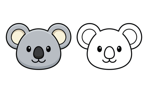 Cute cartoon koala head illustration with colored version and black and white coloring page outline