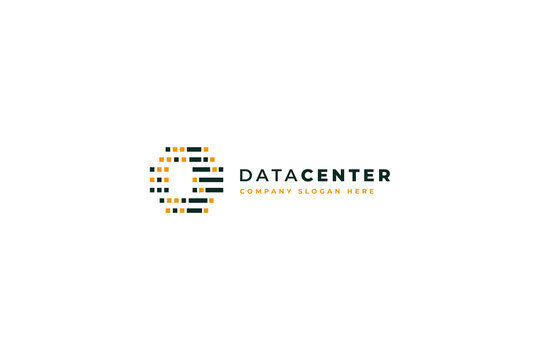 Data center logo featuring a geometric digital circuit shape made of small dark and yellow pixels on a clean white background